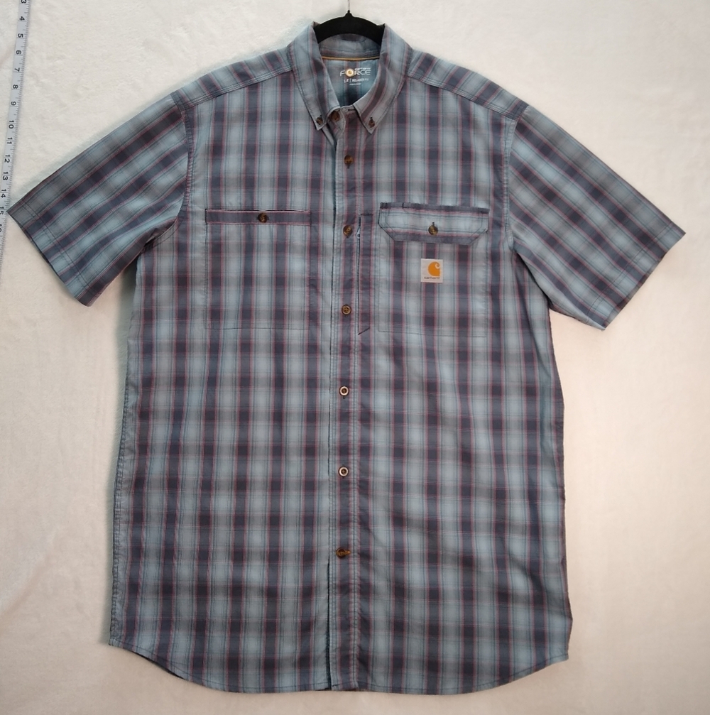 Men's Carhartt Force Blue Plaid Short Sleeve Shirt Large Tall